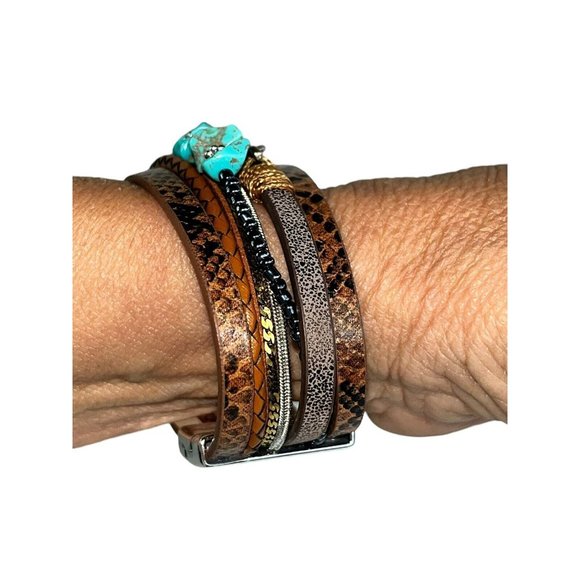 Southwest Style Costume Jewelry Magnetic Bracelet Blue Brown Stones Feather - Picture 2 of 6